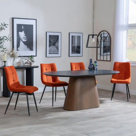 Danetti Dark Grey Ceramic Oval Dining Set with Bronze Pedestal Base - Corona Orange Fabric Dining Chair