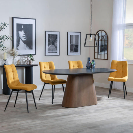 Danetti Dark Grey Ceramic Oval Dining Set with Bronze Pedestal Base - Corona Yellow Fabric Dining Chair-5