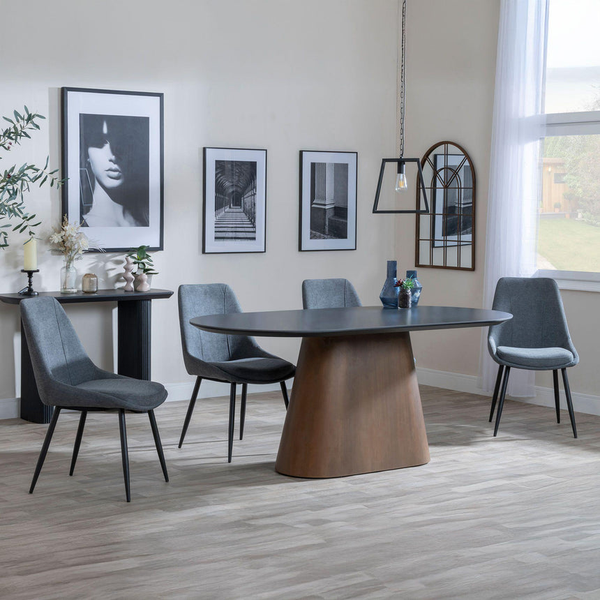 Danetti Dark Grey Ceramic Oval Dining Set with Bronze Pedestal Base - Darwin Grey Fabric Dining Chair-6