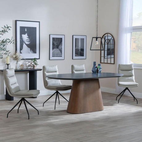 Danetti Dark Grey Ceramic Oval Dining Set with Bronze Pedestal Base - Diego Beige Leather Swivel Dining Chair-3
