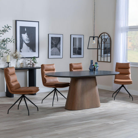 Danetti Dark Grey Ceramic Oval Dining Set with Bronze Pedestal Base - Diego Brown Leather Swivel Dining Chair