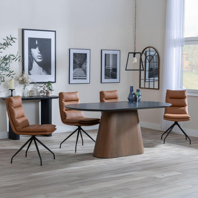Danetti Dark Grey Ceramic Oval Dining Set with Bronze Pedestal Base - Diego Brown Leather Swivel Dining Chair