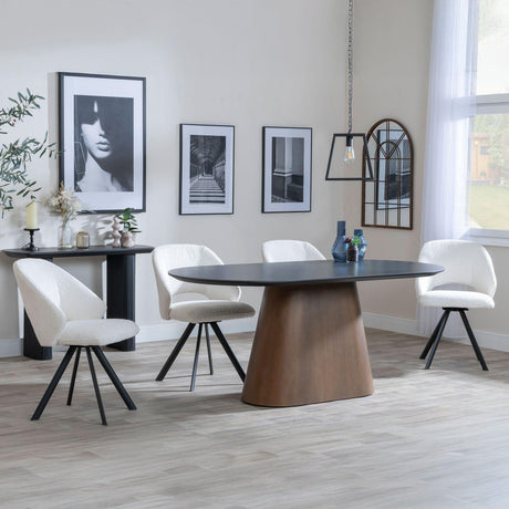 Danetti Dark Grey Ceramic Oval Dining Set with Bronze Pedestal Base - Ion Cream Velvet Fabric Swivel Dining Chair-5