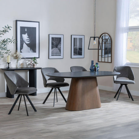 Danetti Dark Grey Ceramic Oval Dining Set with Bronze Pedestal Base - Ion Dark Grey Velvet Fabric Swivel Dining Chair-2