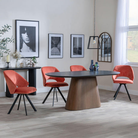 Danetti Dark Grey Ceramic Oval Dining Set with Bronze Pedestal Base - Ion Orange Velvet Fabric Swivel Dining Chair-3