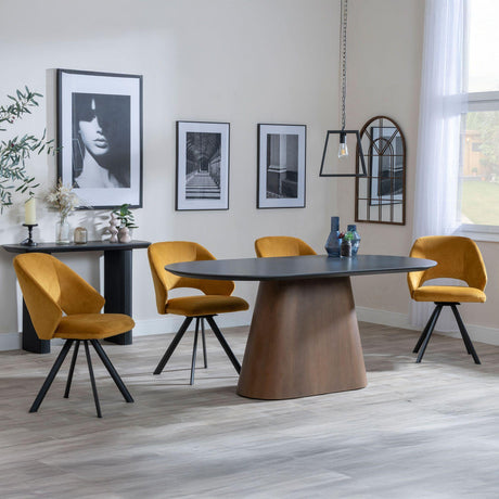 Danetti Dark Grey Ceramic Oval Dining Set with Bronze Pedestal Base - Ion Yellow Velvet Fabric Swivel Dining Chair-4