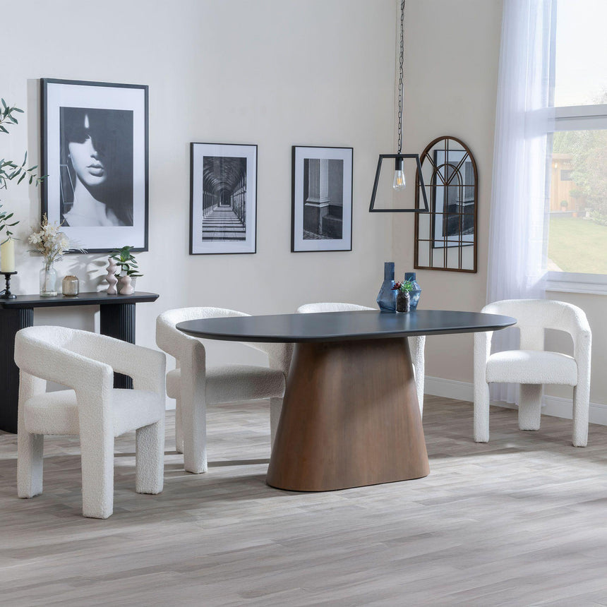 Danetti Dark Grey Ceramic Oval Dining Set with Bronze Pedestal Base - Kiefer Cream Boucle Fabric Dining Chair-2