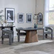 Danetti Dark Grey Ceramic Oval Dining Set with Bronze Pedestal Base - Kiefer Grey Boucle Fabric Dining Chair