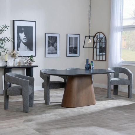 Danetti Dark Grey Ceramic Oval Dining Set with Bronze Pedestal Base - Kiefer Grey Boucle Fabric Dining Chair