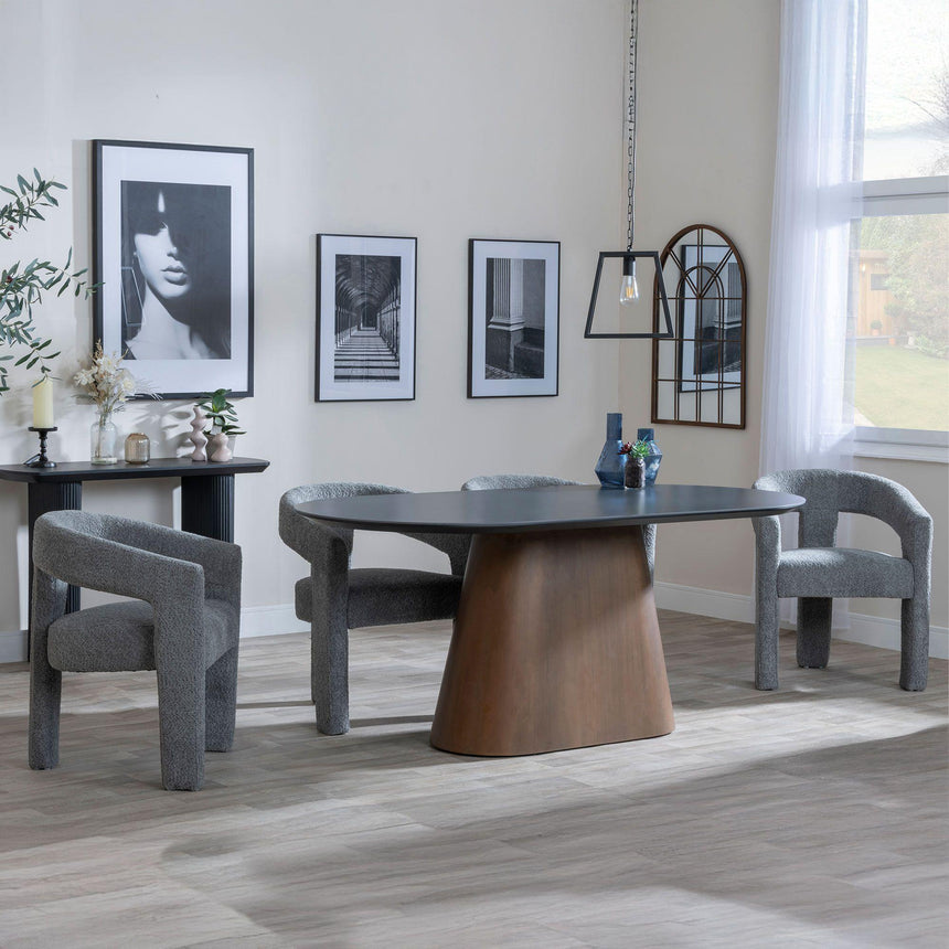 Danetti Dark Grey Ceramic Oval Dining Set with Bronze Pedestal Base - Kiefer Grey Boucle Fabric Dining Chair