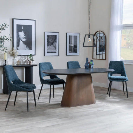 Danetti Dark Grey Ceramic Oval Dining Set with Bronze Pedestal Base - Peyton Blue Fabric Dining Chair-3