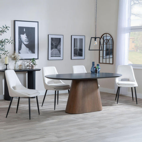 Danetti Dark Grey Ceramic Oval Dining Set with Bronze Pedestal Base - Peyton Cream Fabric Dining Chair-4