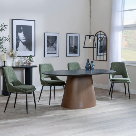 Danetti Dark Grey Ceramic Oval Dining Set with Bronze Pedestal Base - Peyton Green Fabric Dining Chair