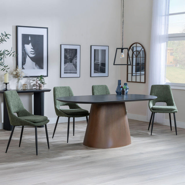 Danetti Dark Grey Ceramic Oval Dining Set with Bronze Pedestal Base - Peyton Green Fabric Dining Chair