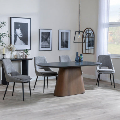 Danetti Dark Grey Ceramic Oval Dining Set with Bronze Pedestal Base - Peyton Grey Fabric Dining Chair-2