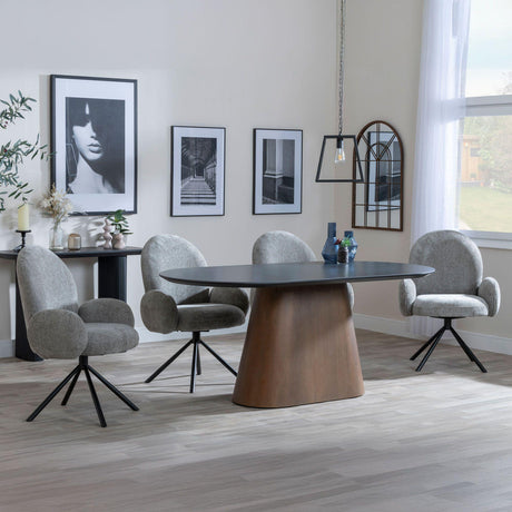 Danetti Dark Grey Ceramic Oval Dining Set with Bronze Pedestal Base - Theo Dark Grey Fabric Swivel Dining Chair-2