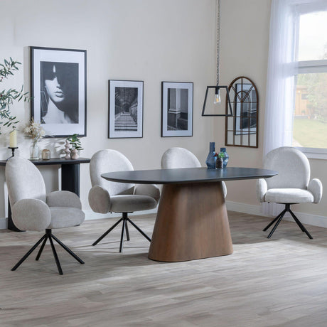 Danetti Dark Grey Ceramic Oval Dining Set with Bronze Pedestal Base - Theo Grey Fabric Swivel Dining Chair