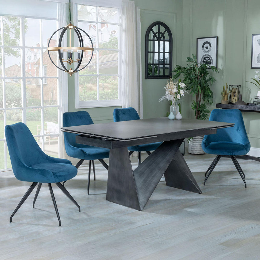 Garvin Dark Grey Ceramic Extending Dining Set - Arctic Blue Velvet Fabric Swivel Dining Chair-3