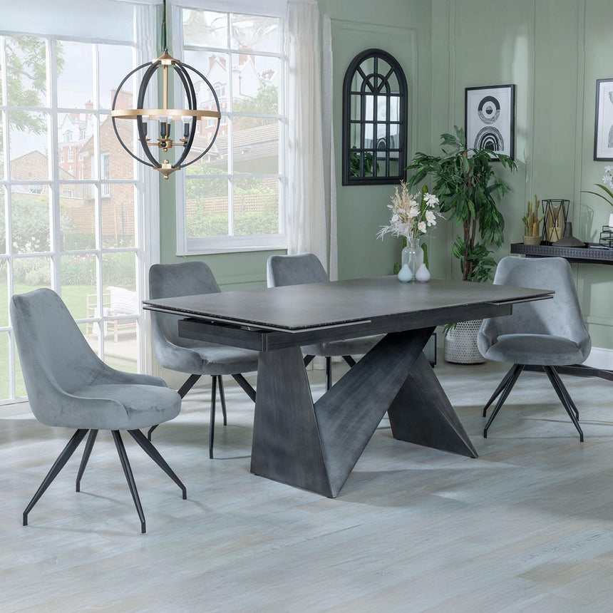 Garvin Dark Grey Ceramic Extending Dining Set - Arctic Grey Velvet Fabric Swivel Dining Chair-2