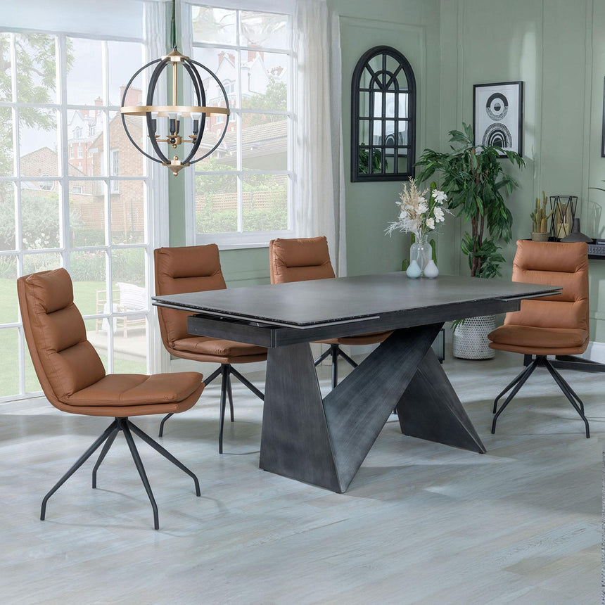 Garvin Dark Grey Ceramic Extending Dining Set - Diego Brown Leather Swivel Dining Chair