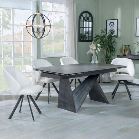 Garvin Dark Grey Ceramic Extending Dining Set - Ion Cream Velvet Fabric Swivel Dining Chair-5