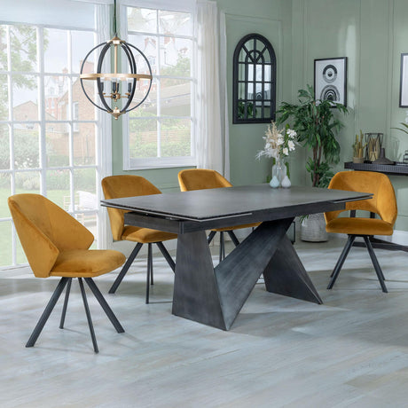 Garvin Dark Grey Ceramic Extending Dining Set - Ion Mustard Velvet Fabric Swivel Dining Chair-4