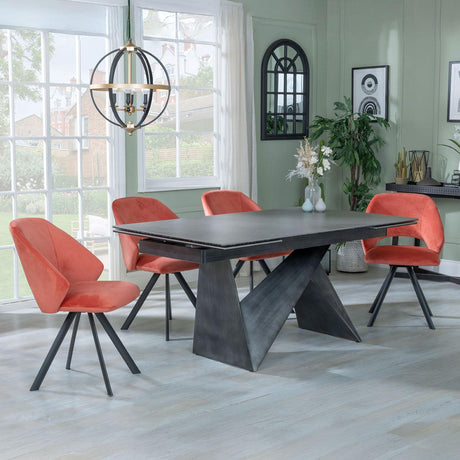 Garvin Dark Grey Ceramic Extending Dining Set - Ion Orange Velvet Fabric Swivel Dining Chair-3