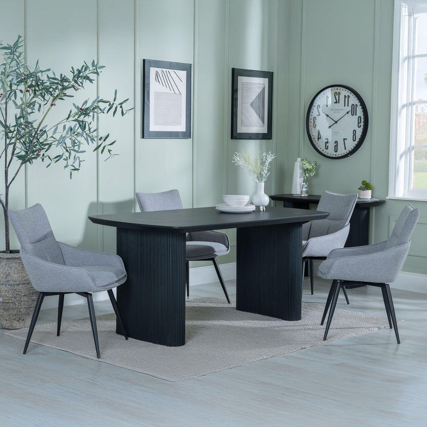 Bern Fluted Black Dining Set - Ace Grey Fabric Swivel Dining Chair-2