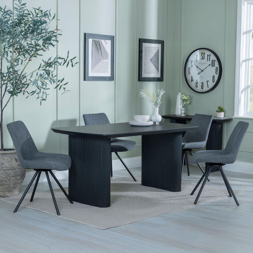 Bern Fluted Black Dining Set - Boden Grey Fabric Swivel Dining Chair-6