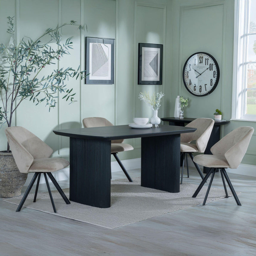 Bern Fluted Black Dining Set - Ion Beige Velvet Fabric Swivel Dining Chair-2