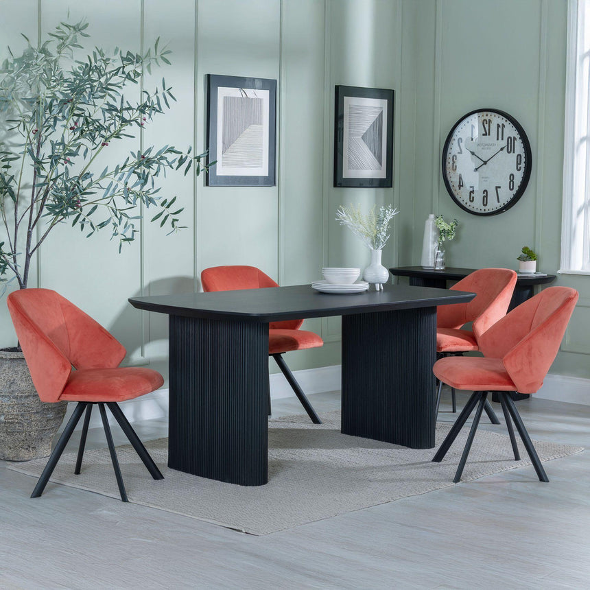 Bern Fluted Black Dining Set - Ion Orange Velvet Fabric Swivel Dining Chair-4