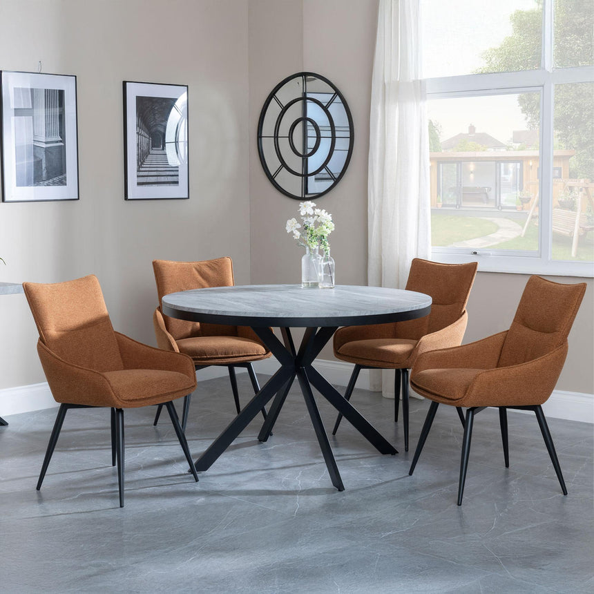 Bronx Grey Concrete Effect 4 Seater Round Dining Set with Spider Legs - 4 Ace Orange Fabric Swivel Dining Chair-3