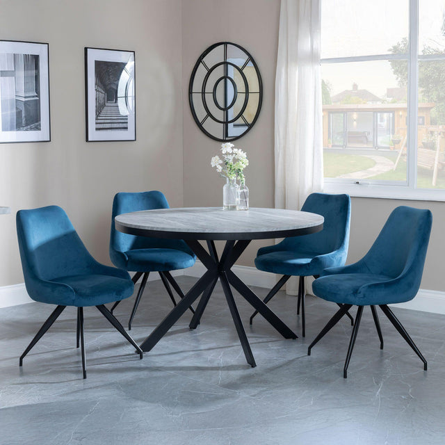 Ezra Grey Concrete 4 Seater Round Dining Set with Spider Legs - 4 Arctic Blue Velvet Fabric Swivel Dining Chair