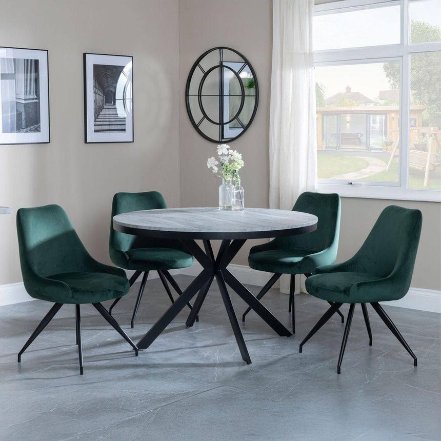 Ezra Grey Concrete 4 Seater Round Dining Set with Spider Legs - 4 Arctic Green Velvet Fabric Swivel Dining Chair-2