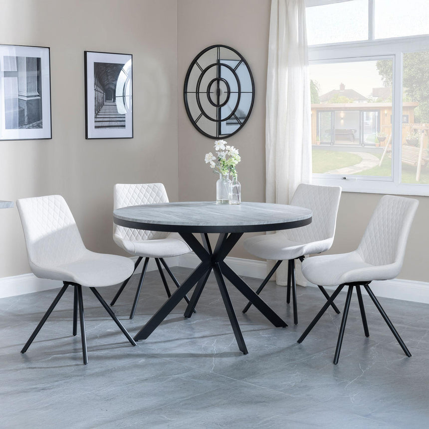Bronx Grey Concrete Effect 4 Seater Round Dining Set with Spider Legs - 4 Boden Cream Fabric Swivel Dining Chair-2