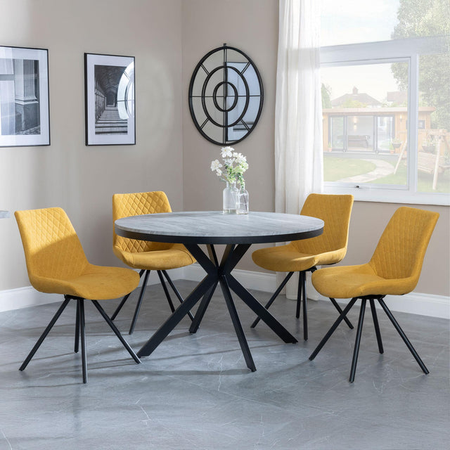 Bronx Grey Concrete Effect 4 Seater Round Dining Set with Spider Legs - 4 Boden Yellow Fabric Swivel Dining Chair