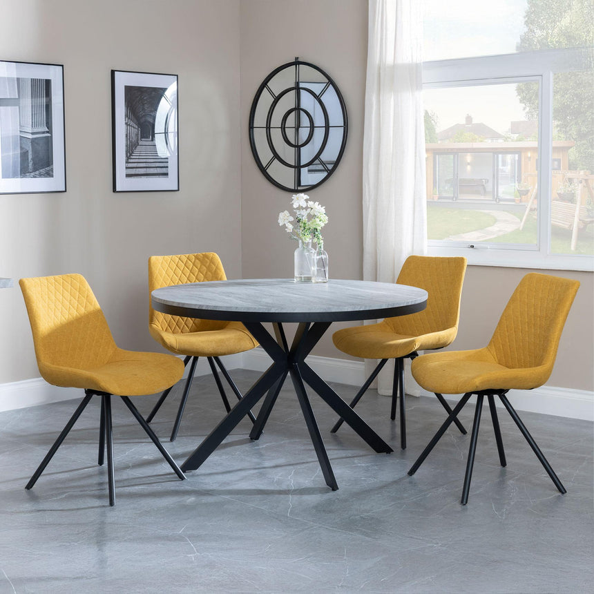 Bronx Grey Concrete Effect 4 Seater Round Dining Set with Spider Legs - 4 Boden Yellow Fabric Swivel Dining Chair