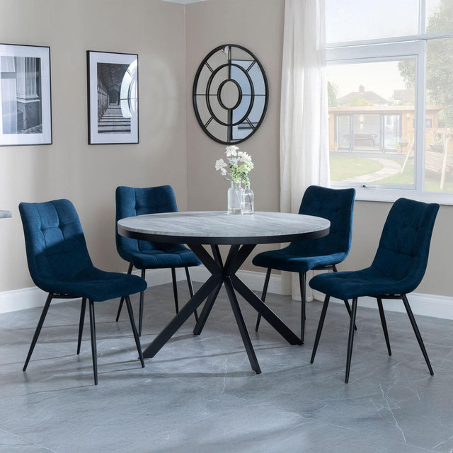 Bronx Grey Concrete Effect 4 Seater Round Dining Set with Spider Legs - 4 Corona Blue Fabric Dining Chair