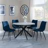 Bronx Grey Concrete Effect 4 Seater Round Dining Set with Spider Legs - 4 Corona Blue Fabric Dining Chair