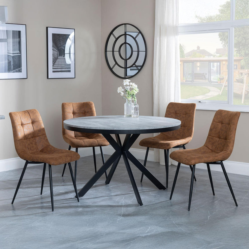 Bronx Grey Concrete Effect 4 Seater Round Dining Set with Spider Legs - 4 Corona Brown Fabric Dining Chair-8