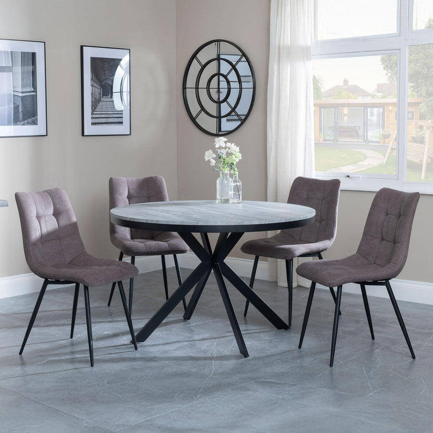 Bronx Grey Concrete Effect 4 Seater Round Dining Set with Spider Legs - 4 Corona Camel Fabric Dining Chair-3