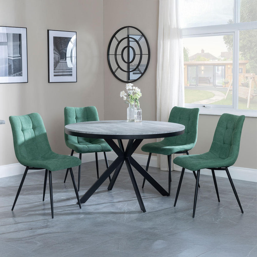 Bronx Grey Concrete Effect 4 Seater Round Dining Set with Spider Legs - 4 Corona Green Fabric Dining Chair-6