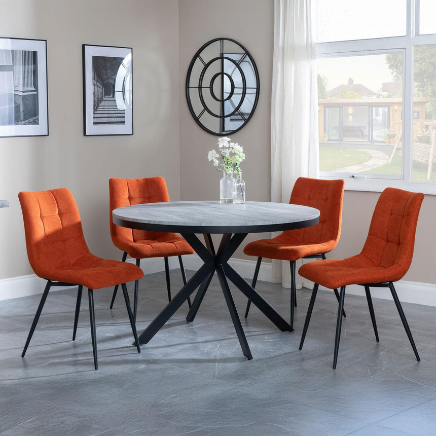 Bronx Grey Concrete Effect 4 Seater Round Dining Set with Spider Legs - 4 Corona Orange Fabric Dining Chair-4