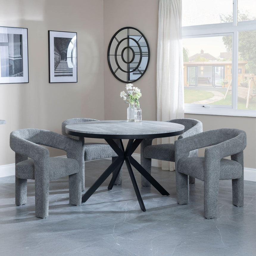 Bronx Grey Concrete Effect 4 Seater Round Dining Set with Spider Legs - 4 Kiefer Grey Boucle Fabric Dining Chair
