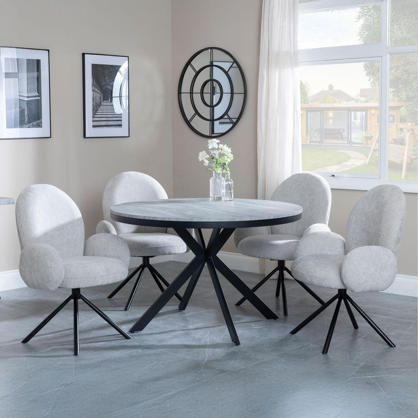 Bronx Grey Concrete Effect 4 Seater Round Dining Set with Spider Legs - 4 Theo Grey Fabric Swivel Dining Chair