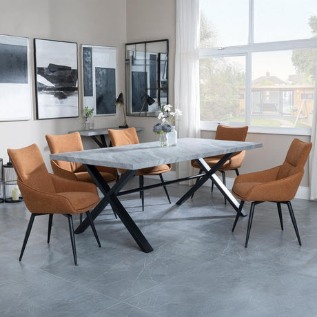 Ezra Grey Concrete Dining Set with Cross Legs - Ace Orange Fabric Swivel Dining Chair