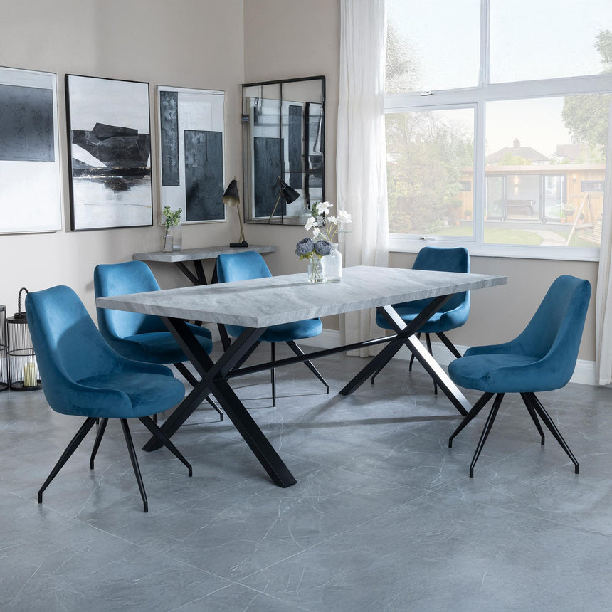 Ezra Grey Concrete Dining Set with Cross Legs - Arctic Blue Velvet Fabric Swivel Dining Chair
