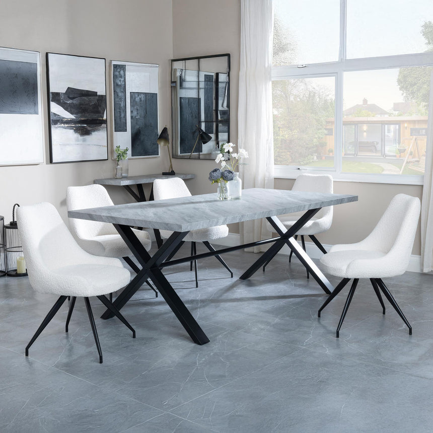 Ezra Grey Concrete Dining Set with Cross Legs - Arctic Cream Velvet Fabric Swivel Dining Chair-4