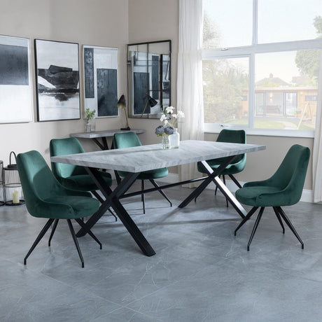 Ezra Grey Concrete Dining Set with Cross Legs - Arctic Green Velvet Fabric Swivel Dining Chair