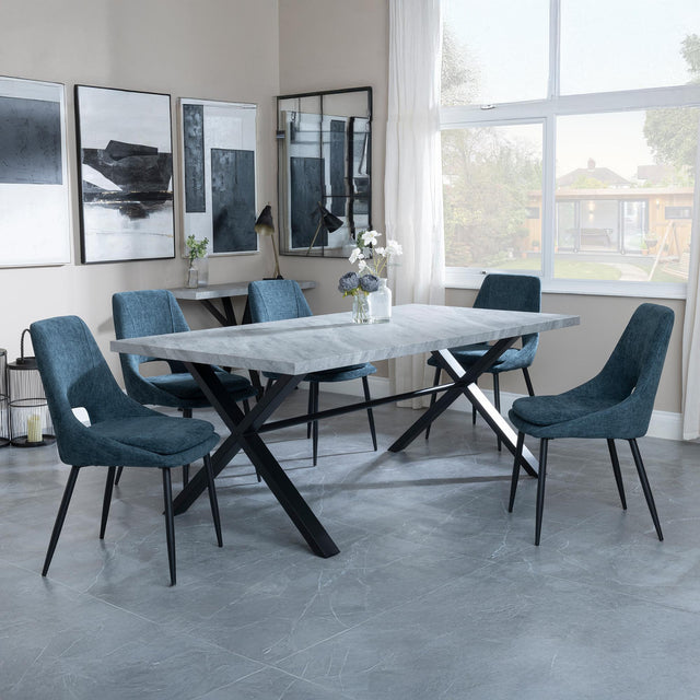 Ezra Grey Concrete Dining Set with Cross Legs - Peyton Blue Fabric Dining Chair